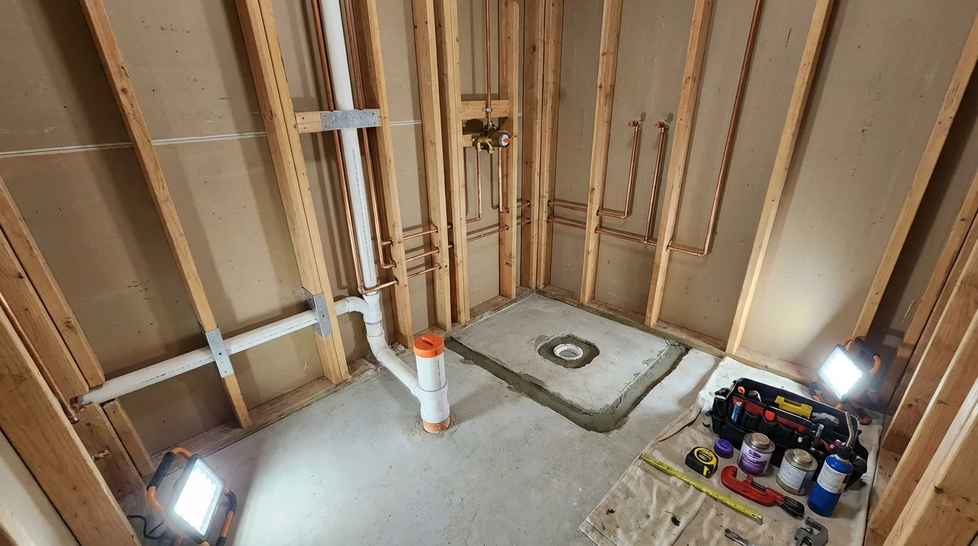 Bathroom rough-in plumbing during remodel by Johns Plumbing LLC in Kalkaska