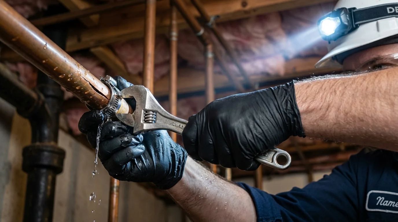 Emergency pipe clamp repair being performed by a Johns Plumbing LLC plumber in Kalkaska