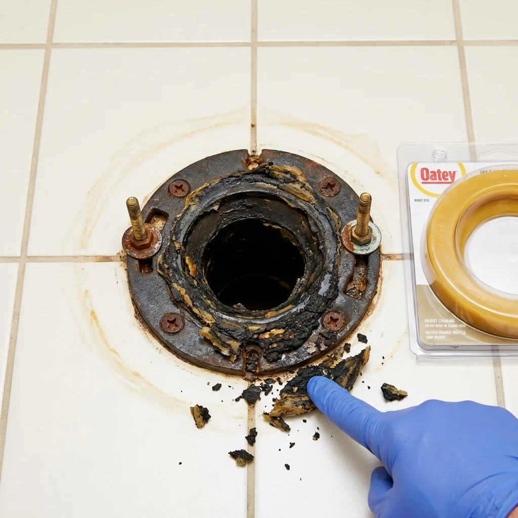 Failed wax ring showing water seepage at the base of a toilet in a Kalkaska, MI home