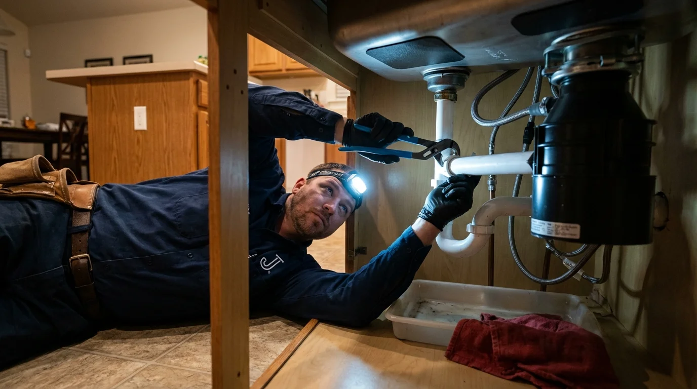 P-trap and supply line connections under a kitchen sink showing a common leak point in Kalkaska, MI